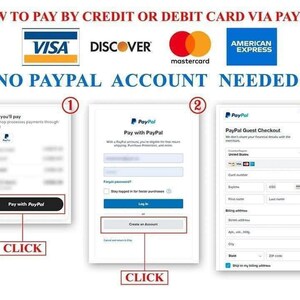 May include: A visual guide on how to pay with a credit or debit card via PayPal. The image shows three steps: 1. Click "Pay with PayPal", 2. Log in or create an account, 3. Enter your card details. The image also shows logos for Visa, Discover, Mastercard, and American Express.
