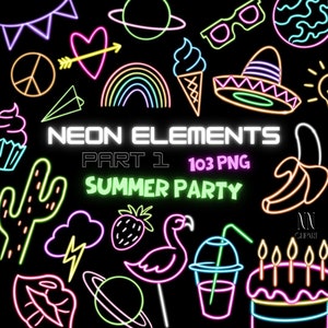 Paquete de imágenes prediseñadas de fiesta de verano de neón, descarga digital retro tropical, iconos de brillo de playa, PNG de los años ochenta y noventa, flamenco de cóctel