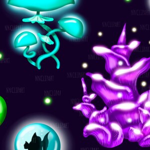 May include: A digital illustration of a glowing purple coral-like structure with white highlights against a dark blue background. There are also several glowing blue and green mushrooms with white highlights.