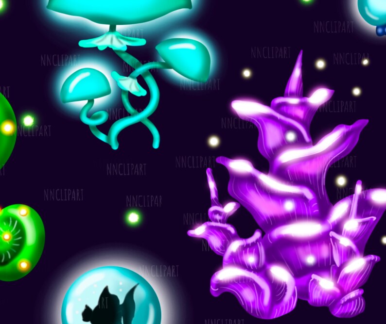 May include: A digital illustration of a glowing purple coral-like structure with white highlights against a dark blue background. There are also several glowing blue and green mushrooms with white highlights.