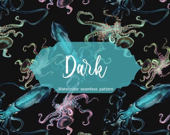 Dark Squid Seamless Pattern Octopus Download Kraken Instant Download Sea Creatures Marine Life Nautical Digital Paper