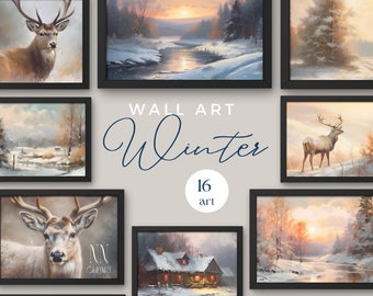 Winterprintset, kerstgalerijmuur, rustiek wanddecor, kerstprints, kerstafdrukbaar muurkunst digitaal papier