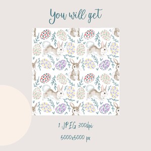 May include: A seamless pattern featuring watercolor illustrations of bunnies and Easter eggs. The bunnies are brown and white, and the eggs are decorated with floral patterns in shades of pink, purple, and yellow. The background is white.