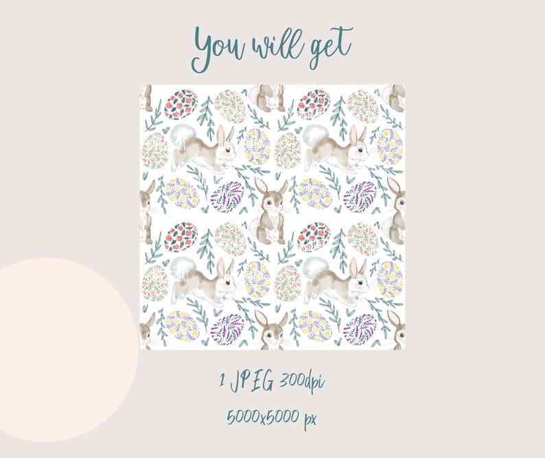May include: A seamless pattern featuring watercolor illustrations of bunnies and Easter eggs. The bunnies are brown and white, and the eggs are decorated with floral patterns in shades of pink, purple, and yellow. The background is white.