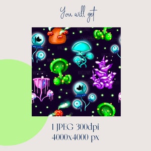May include: A seamless pattern featuring glowing, colorful mushrooms and other bioluminescent plants on a dark blue background. The pattern is perfect for creating unique and whimsical designs.