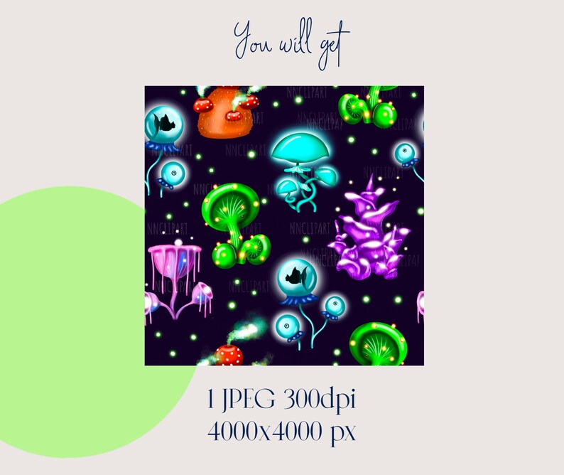 May include: A seamless pattern featuring glowing, colorful mushrooms and other bioluminescent plants on a dark blue background. The pattern is perfect for creating unique and whimsical designs.