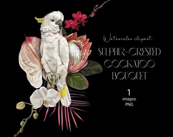 May include: A white sulphur-crested cockatoo perched on a branch of tropical flowers, including a pink protea, red anthurium, and white orchids. The text "Sulphur-Crested Cockatoo Bouquet" is written in white text on a black background.