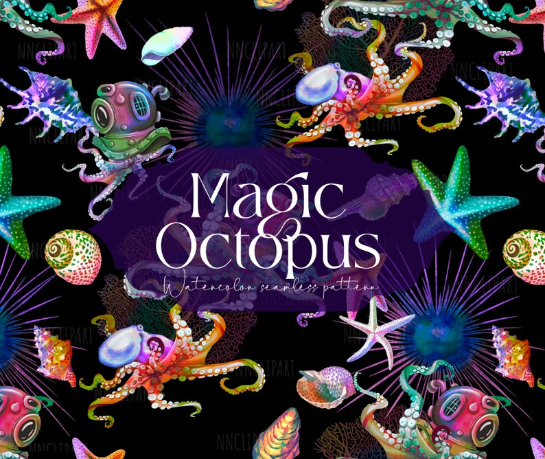 May include: A watercolor seamless pattern featuring a colorful octopus wearing a diving helmet, surrounded by starfish, seashells, and coral. The text "Magic Octopus" is written in the center of the pattern.