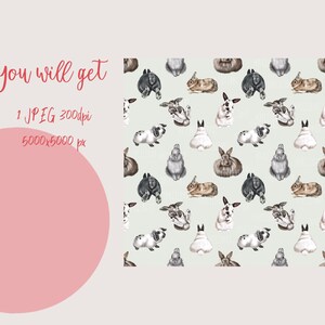 May include: A seamless pattern featuring watercolor illustrations of various bunnies in different poses. The bunnies are depicted in shades of brown, gray, and white against a light green background.