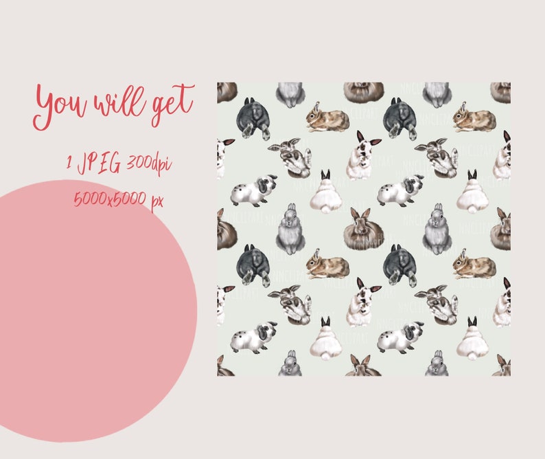 May include: A seamless pattern featuring watercolor illustrations of various bunnies in different poses. The bunnies are depicted in shades of brown, gray, and white against a light green background.
