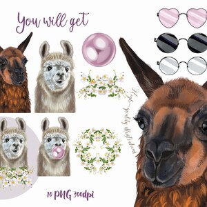 May include: Digital illustration set of 10 llama images. The set includes a brown llama with a pink bubble, a white llama with a pink bubble, a brown llama with sunglasses, a white llama with sunglasses, a brown llama with a pink heart, a white llama with a pink heart, a brown llama with a white heart, a white llama with a white heart, a brown llama with a wreath of white flowers, and a white llama with a wreath of white flowers. The text "You will get 10 PNG 300dpi" is also included in the image.