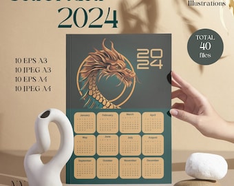 2024 Kalender Poster jaar Dragon Printable Wall Art, Moderne Chinese Dierenriem Grafische Poster, Leuk Uniek Cadeau, geïllustreerde Planner,