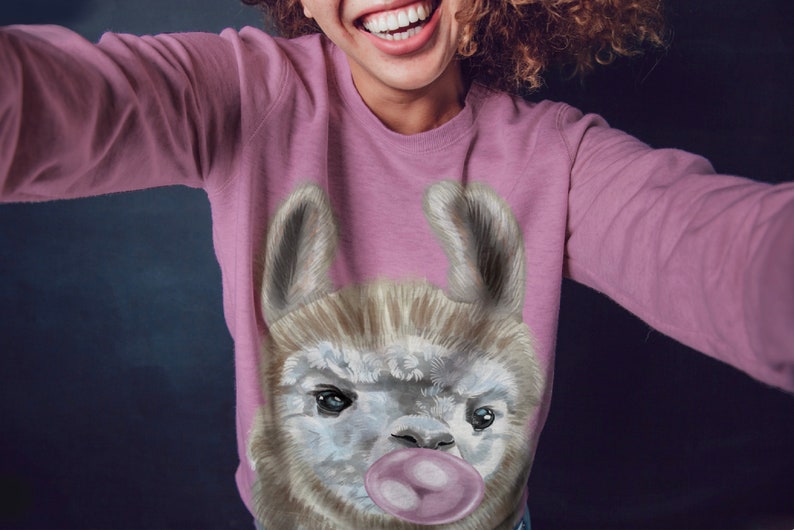 May include: A pink sweatshirt featuring a graphic of a llama wearing a pink bubble. The llama has a white face with brown fur around its eyes and ears.