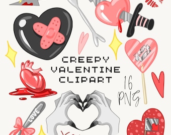 Creepy Valentine clipart Spooky Valentine clipart Pastel Goth digital stickers Alternative Valentine day