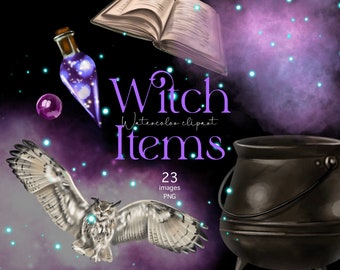 Watercolor Magic Clipart Magic School Witch and Wizard Supplies Halloween Clipart PNG