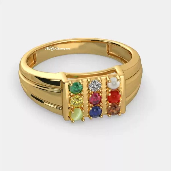 Natural Certified Navratna Astrological 9 Nine Gemstone Ring In Panchdhatu Gold Plated Handmade Ring For Unisex