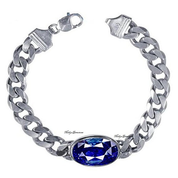Natural Blue Sapphire Bracelet Oval Cut Yellow Sapphire/ Pukhraj Bracelet in 925 Sterling Silver, Bracelet for Men
