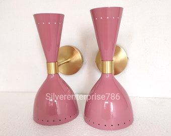 1950's Mid Century Brass Italian pink Diabolo Wall Sconce Light - Fixture 2 Bulb Pairs