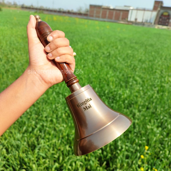 Campana de escritorio para profesores de madera de latón antiguo, estilo Vintage, estilo Vintage, recepción escolar, cena, campana de mano, regalo de Navidad