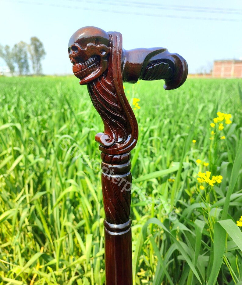 36 Wooden Walking Cane With Skull Head Ergonomic Palm Etsy