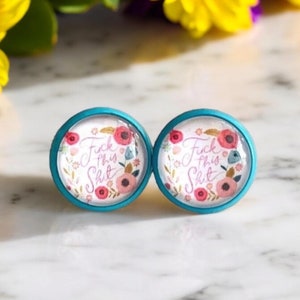 Cuss Word Stud Earrings | 12mm Glass Cabochon — Funny Vulgar Jewelry, Gift for Bestie