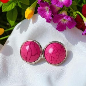 Pink Turquoise Stud Earrings: Handmade Stainless Steel Jewelry