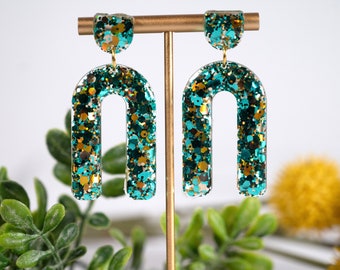 Resin Dangle Earrings,U shaped Earrings,Arc shaped earrings,Green and Gold