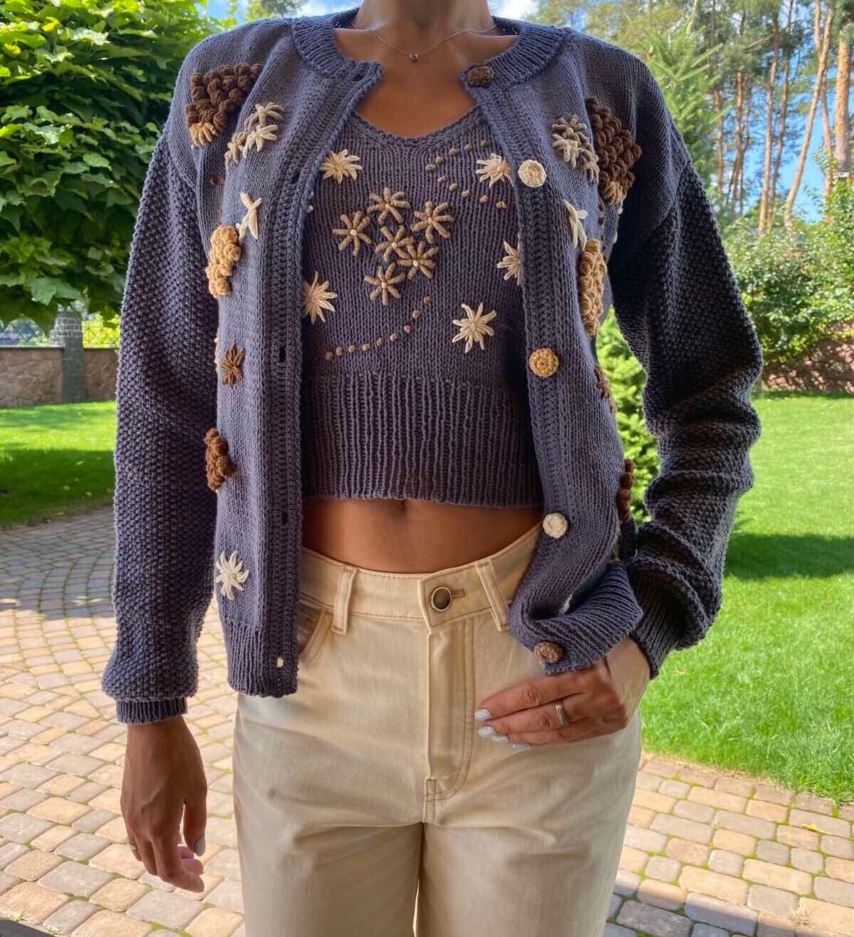 Embroidered Knitted Cardigan and Top 