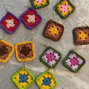 Crochet Granny Square 3 Colour Earrings, Retro, Festival. Boho, Handmade