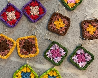 Crochet Granny Square 3 Colour Earrings, Retro, Festival. Boho, Handmade