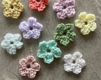 Crochet Small Applique Flowers, set of 10, assorted colours, sew-on, cardmaking, scrapbooking, embellishments, clothing, handmade