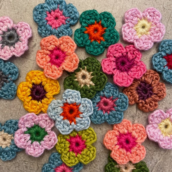 Mini Tiny Handmade Crochet Flowers with coloured centres, Set of 5, Applique
