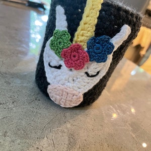 Crochet vase pot with unicorn, glass, handmade, home decor