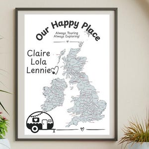 Mappa a colori da viaggio, "Il nostro posto felice", camper, autocaravan, campeggio e roulotte - Decorazione da appendere personalizzata, mappa dei ricordi delle vacanze