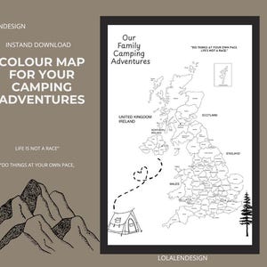 Puede incluir: Un mapa en blanco y negro del Reino Unido e Irlanda, titulado "Our Family Camping Adventures". El mapa incluye una ilustración de una tienda de campaña, una línea de puntos con un corazón y el texto "Colour Map for Your Camping Adventures".