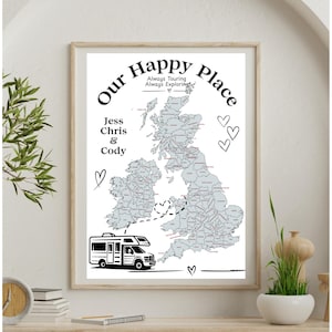 Touring Colour Map, 'Our Happy Place', Campervan, Motorhome, Camping & Caravan Hanging Print - Personalised, Memory Holiday Map