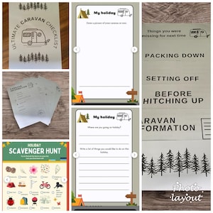 May include: A collection of printed paper items with a camping theme. Includes a checklist, information sheets, and activity pages with illustrations of a caravan, tent, and trees. The text includes "Ultimate Caravan Checklist" and "Holiday Scavenger Hunt".