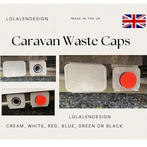 Puede incluir: Imagen de tapones de residuos de caravana en crema, blanco, rojo, azul, verde o negro. Los tapones se muestran en una variedad de configuraciones, incluyendo con y sin una tapa roja. Se muestra el texto "Caravan Waste Caps".