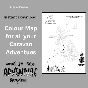 Puede incluir: Un mapa en blanco y negro del Reino Unido con una ilustración de caravana, una ruta en forma de corazón y el texto "Our Family Caravan Adventures". También se incluye la frase "and so the adventure begins".