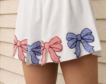 White Gingham Bow Skort, Summer Mini Skirt with Hidden Shorts, Preppy Tennis Outfit
