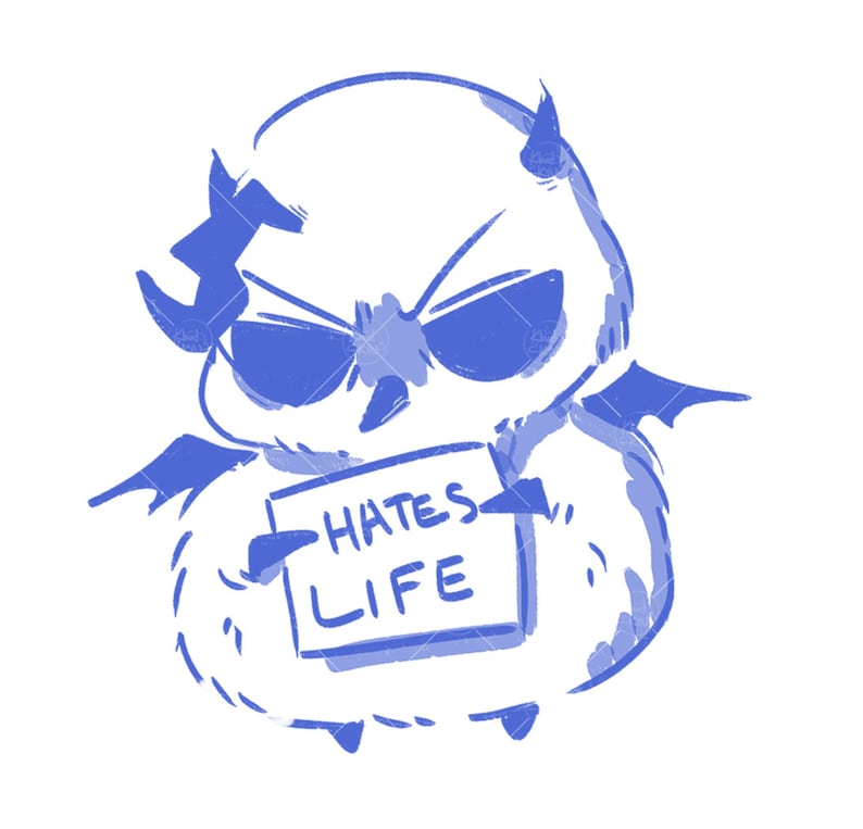 Puede incluir: Un b&uacute;ho de dibujos animados azul con cuernos de diablo y alas sosteniendo un cartel que dice "HATES LIFE".