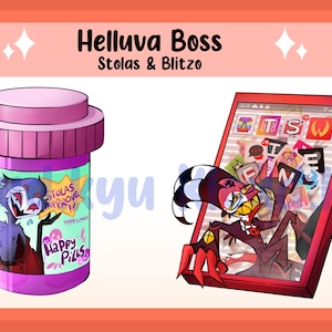 May include: Two cartoon character themed pins. One is a pink pill bottle with a cartoon demon inside. The label reads "Stolas Approve!" and "Happy Pills". The other pin is a red phone with a cartoon demon holding it. The phone screen reads "It's Fine".