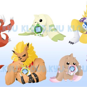 May include: A digital illustration of eight cartoon characters from the Digimon franchise. Each character is holding a Digivice, a device used to train and evolve Digimon. The characters are in various poses and expressions, including a red and black character with horns, a yellow and white character with a tail, a purple and black character with a tail, a brown and white character with a tail, a white character with a tail, a yellow character with a tail, a brown character with a tail, and a white character with a tail.