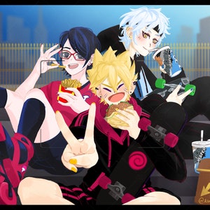 May include: Three anime characters are posing for a photo while eating fast food. The character on the left is wearing roller skates and a red shirt with a black and white design. The character in the middle is wearing a black hoodie with a pink stripe and a red and black skirt. The character on the right is wearing a black jacket with a blue and white stripe and a black headband. All three characters are holding skateboards.