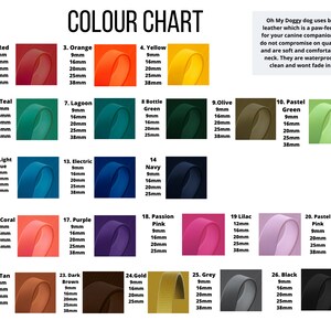 May include: Color chart showing 26 different colors of biothane vegan leather for dog collars. Each color is shown in a square with the color name and available sizes in millimeters: 9mm, 16mm, 20mm, 25mm, and 38mm. The text "Oh My Doggy dog uses biothane vegan leather which is a paw-fect ethical choice for your canine companion. Our materials do not compromise on quality or durability and are soft and comfortable on your dogs neck. They are waterproof, easy to wipe clean and wont fade in the sunlight." is also included.