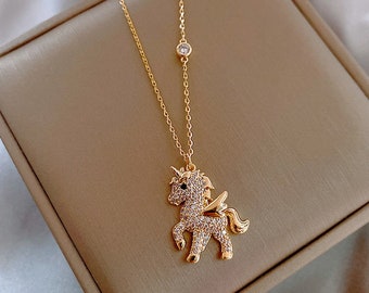 Diamantes de Imitación Unicorn colgante Collar Oro / Unicornio Joyería / Unicornio Regalos