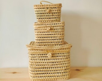 Wicker storage trunk, Set of 3 small wicker trunks, Palm leaf storage trunk, Wicker vanity