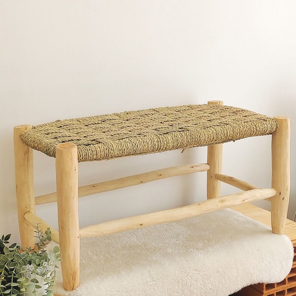 Banc marocain 80 cm, Banc bois, Banc tressé en bois massif, Banc artisanal au tressage naturel, Banc berbère traditionnel