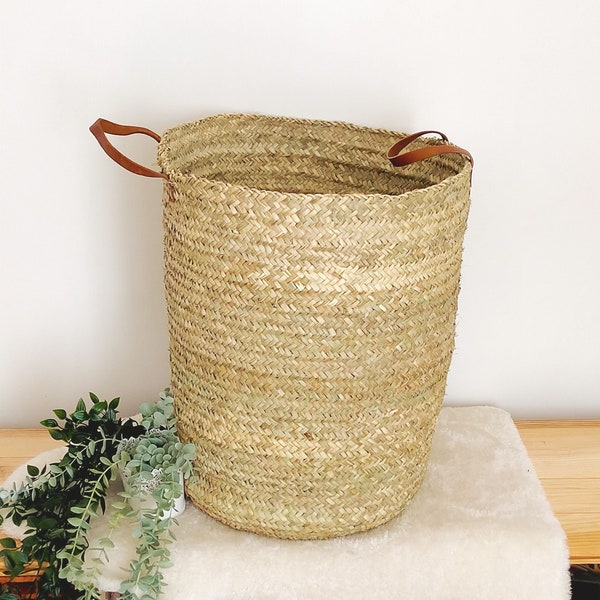 Wicker laundry basket, Large woven palm basket with leather handles, Wicker storage basket