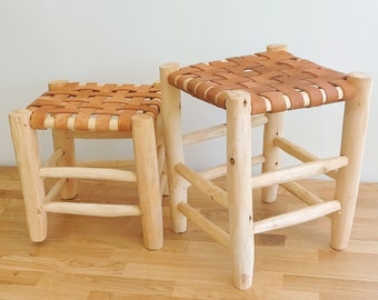 Tabouret marocain bois et cuir